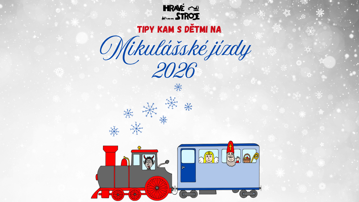 Mikulášské jízdy 2026 Hravé stroje autorský obrázek vlak a Mikuláš čert anděl